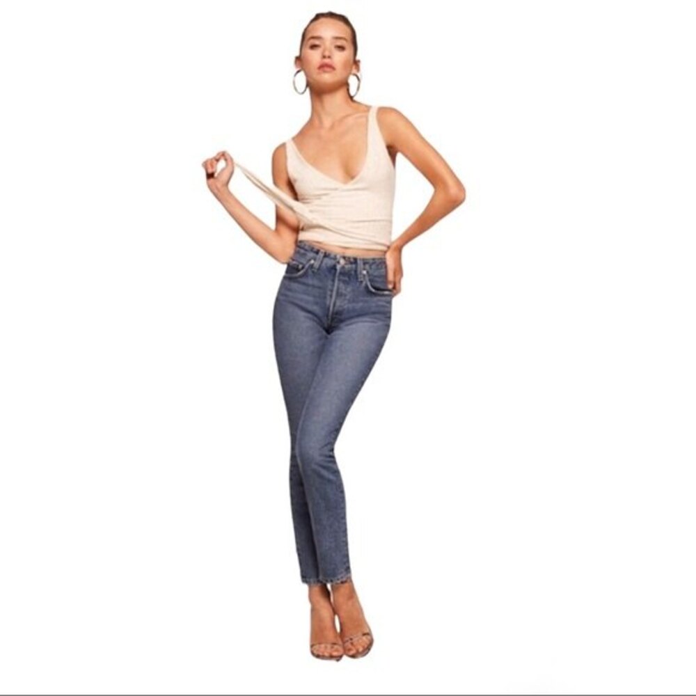 Reformation French Skinny Distressed Baltic Wash Jeans High Rise Straight-Leg 24
